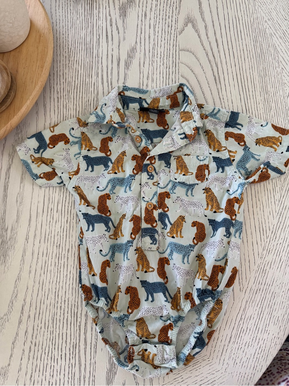 Button-Front Polo Baby One-Piece with Leopard Print - Light Blue & Brown